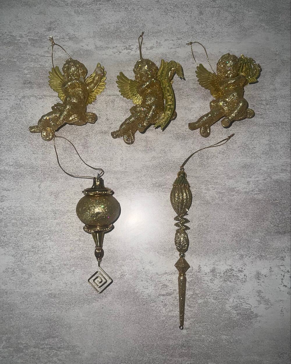 Golden Tone Glitter Cherub Angels + more Vintage Christmas Ornaments Lot of 5